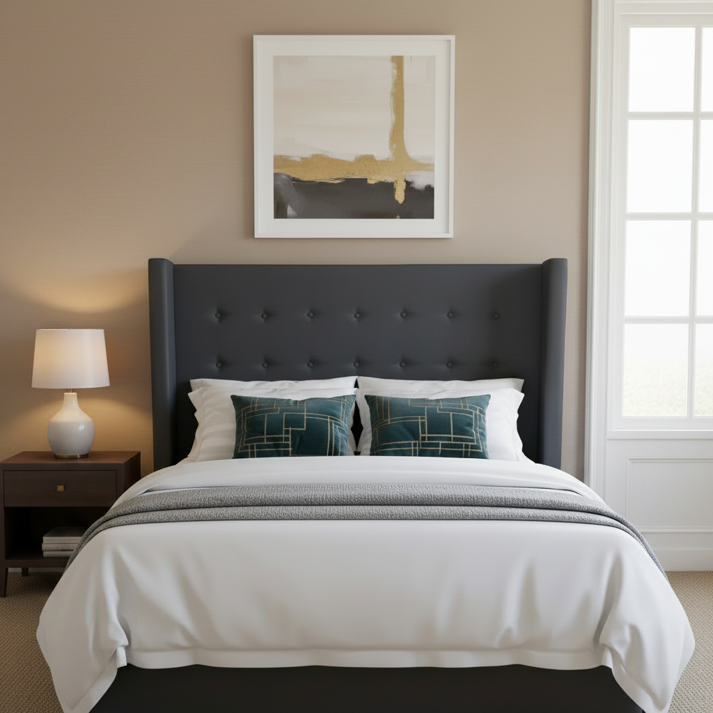 Modern bedroom with a black upholstered bed, white bedding, and abstract art on the wall.