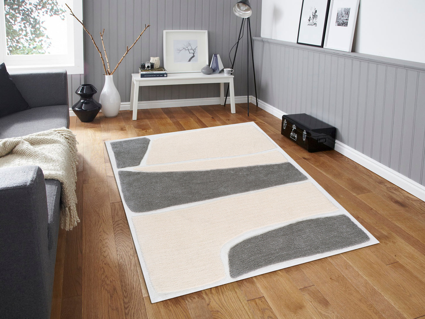 Christy Haze rug styled in a living room