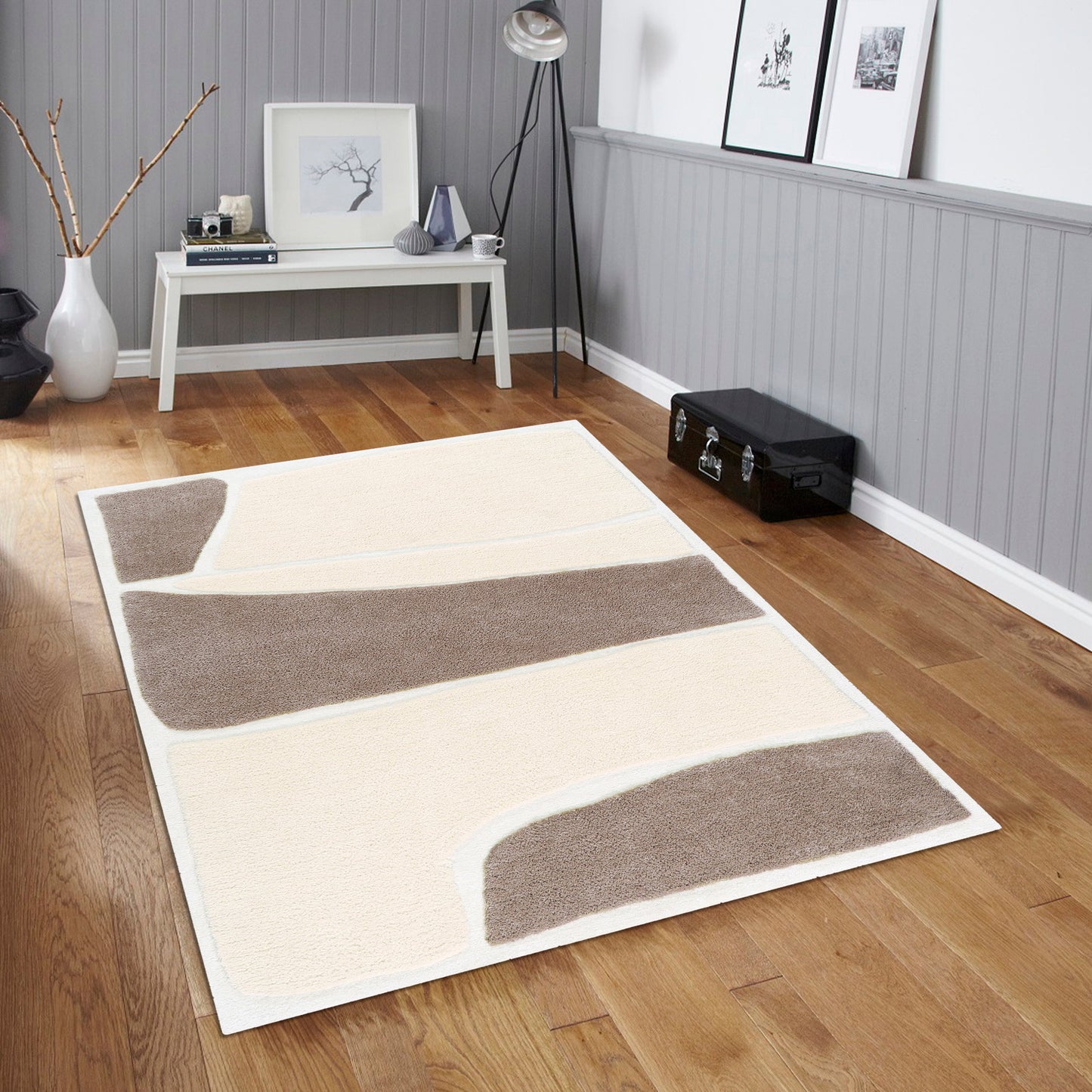 Christy Pumice rug styled in a living room
