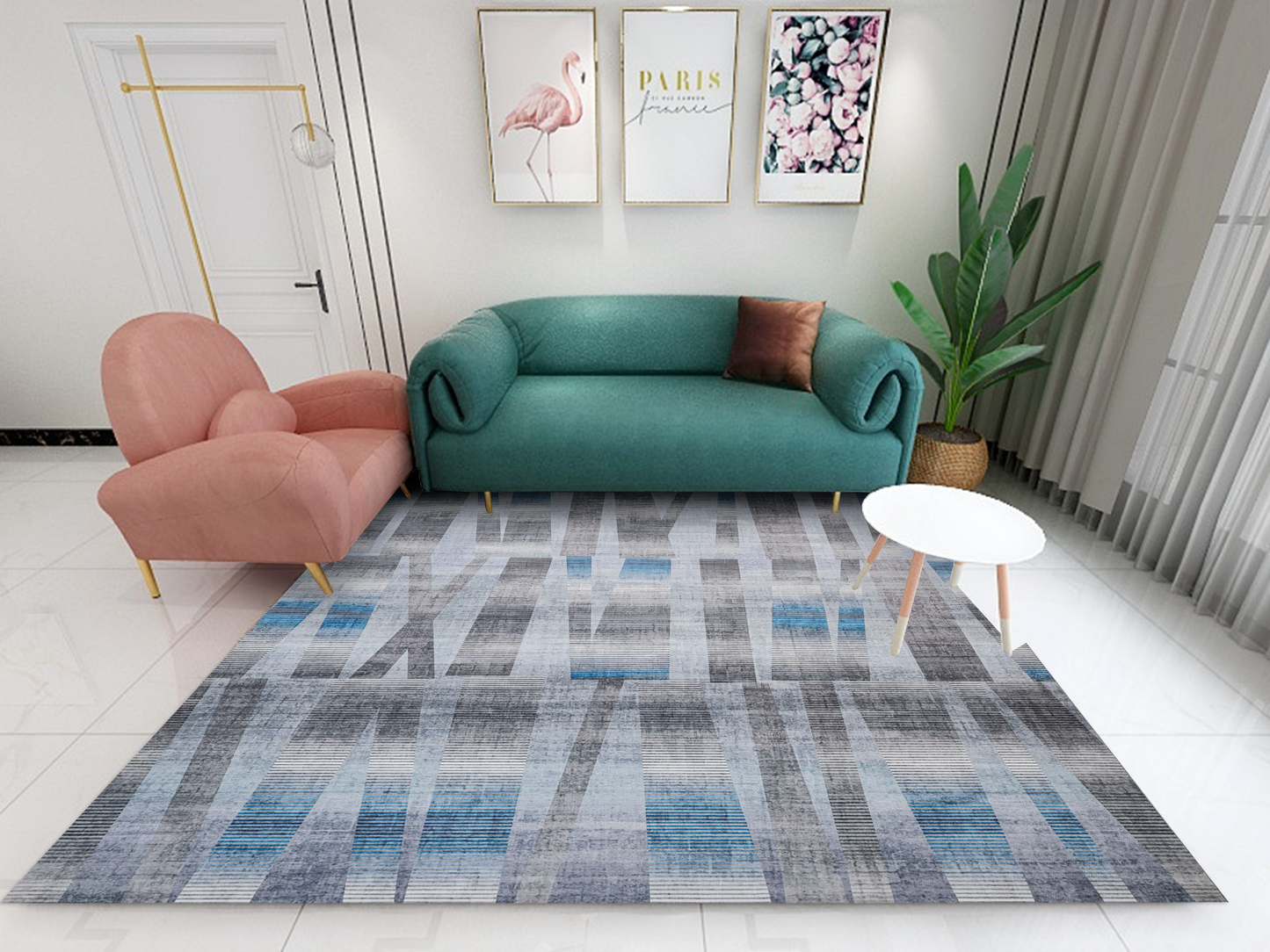 Modern living room with a teal sofa, pink armchair, and patterned rug.