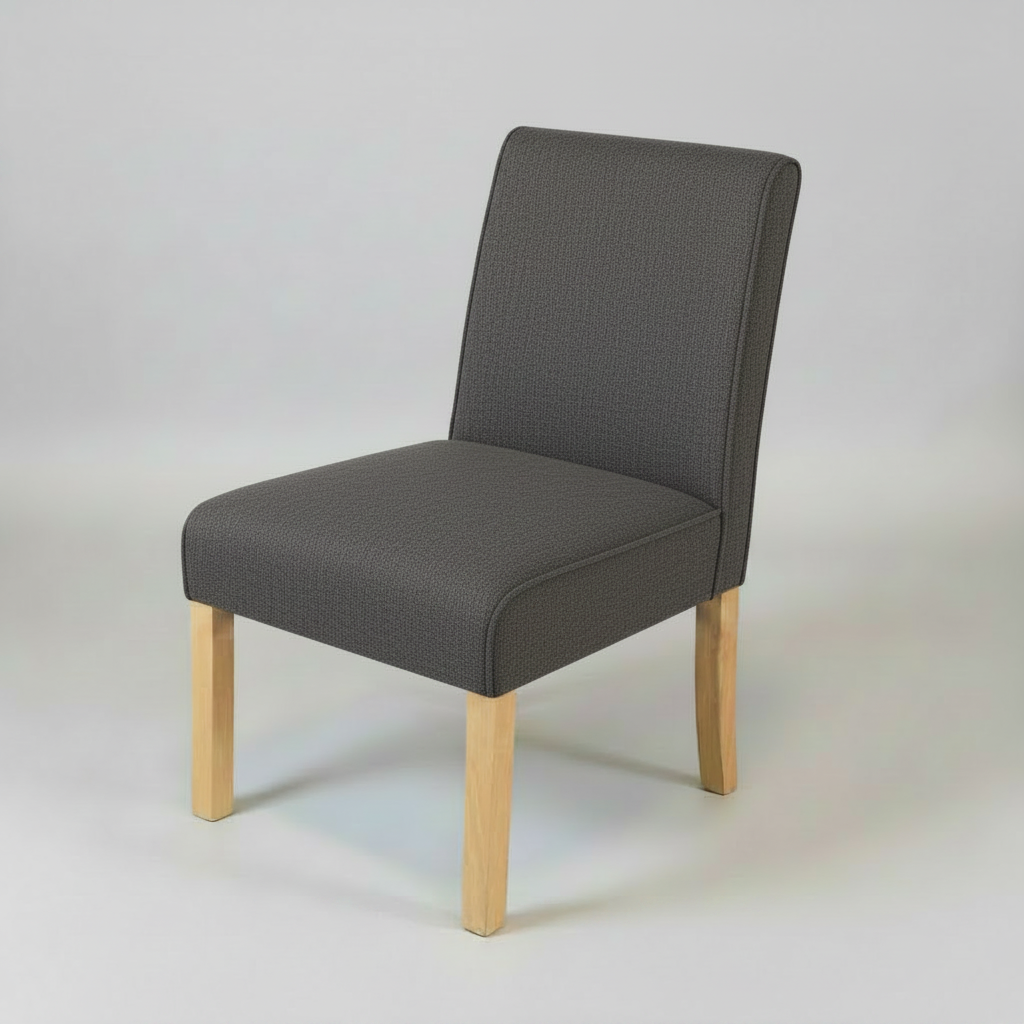 Gray upholstered chair with wooden legs on a light gray background