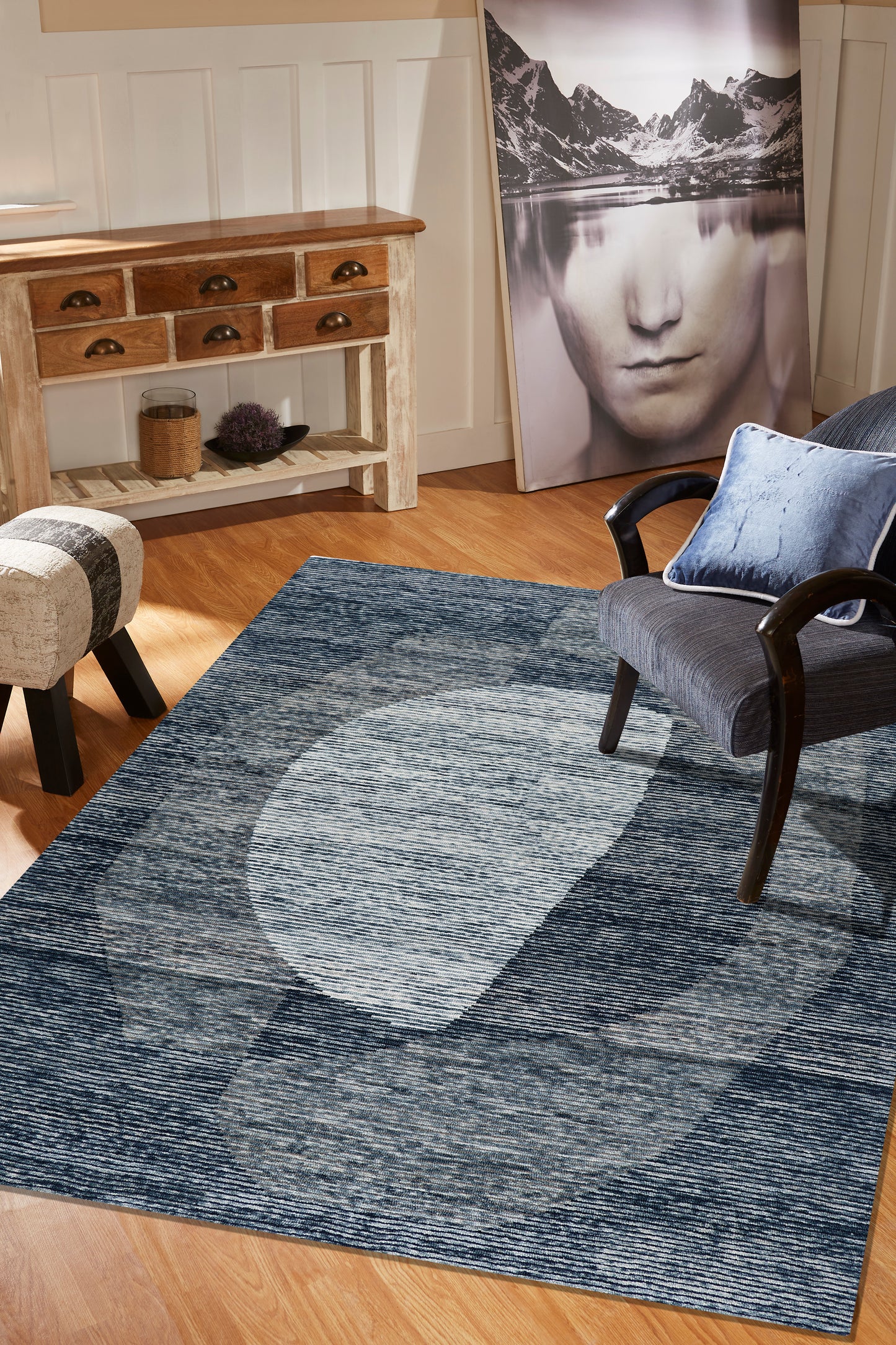 Equinox Storm rug styled in a living room