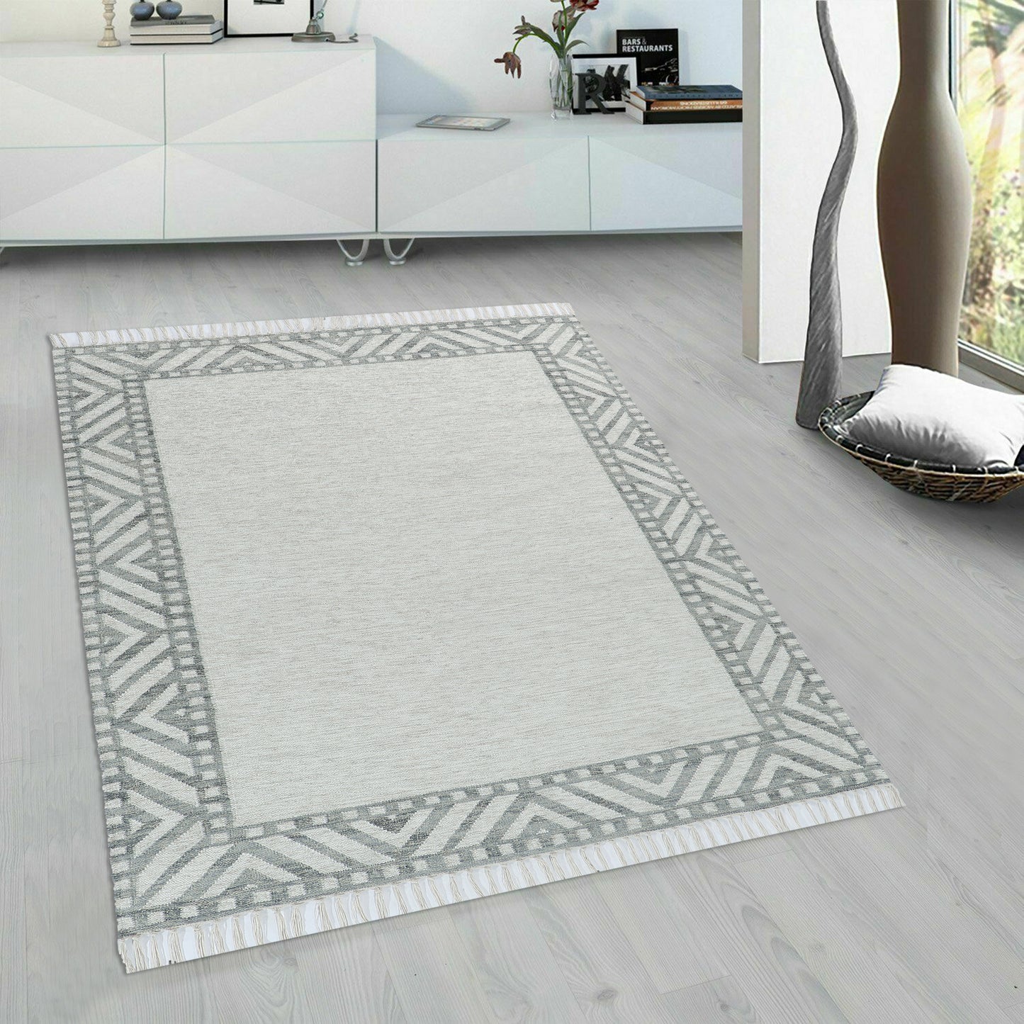 Mesa Pumice rug styled in a living room