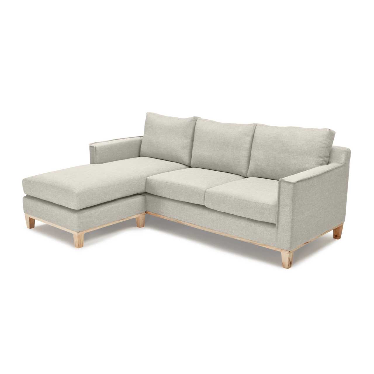 Side view of the Pillay Universal Daybed, showcasing its classic wooden frame in beige fabric.