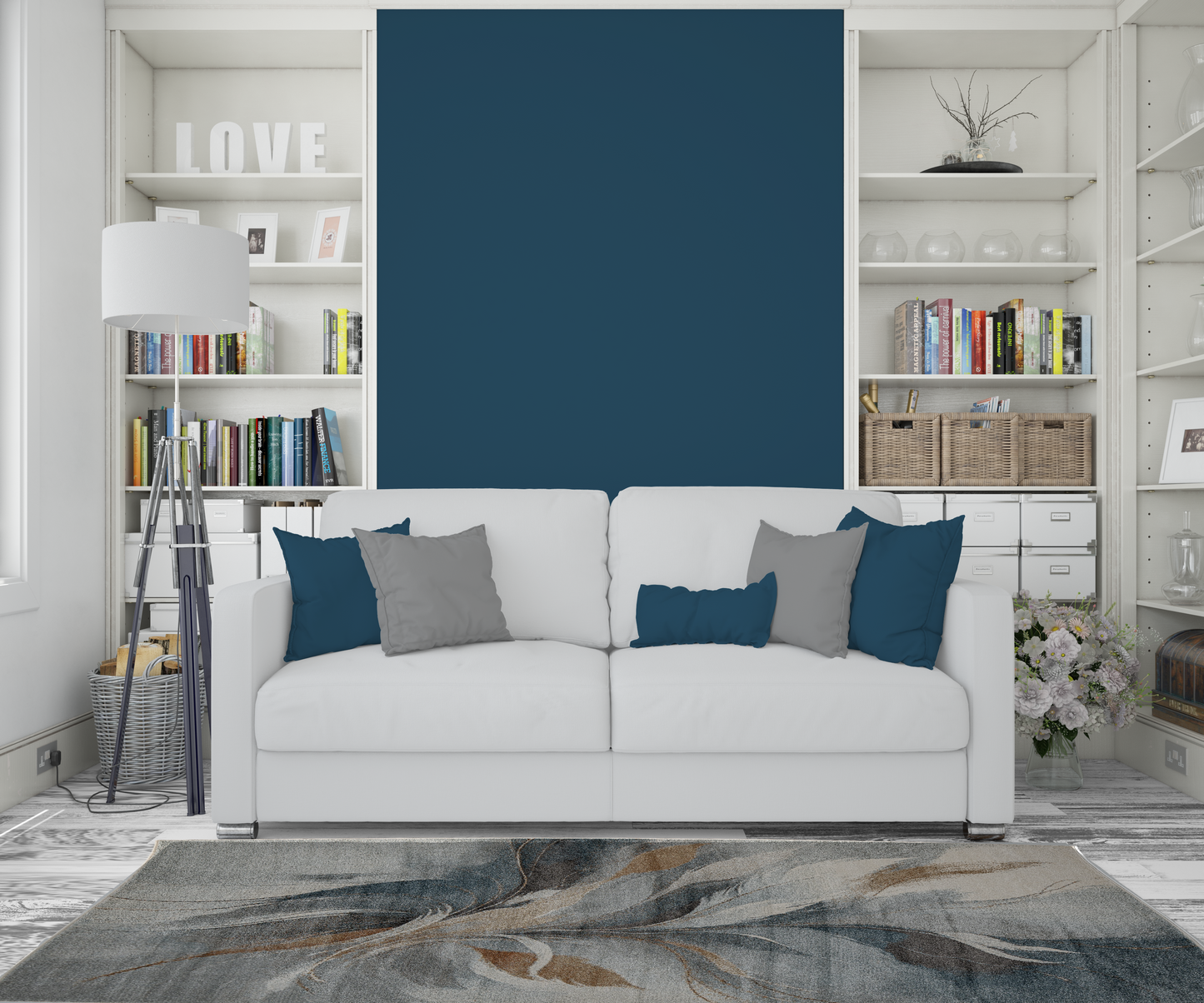 Verve wisp rug blue and rust with sofa