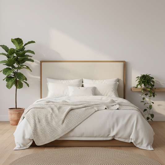 Upholstered headboard with oak frame
