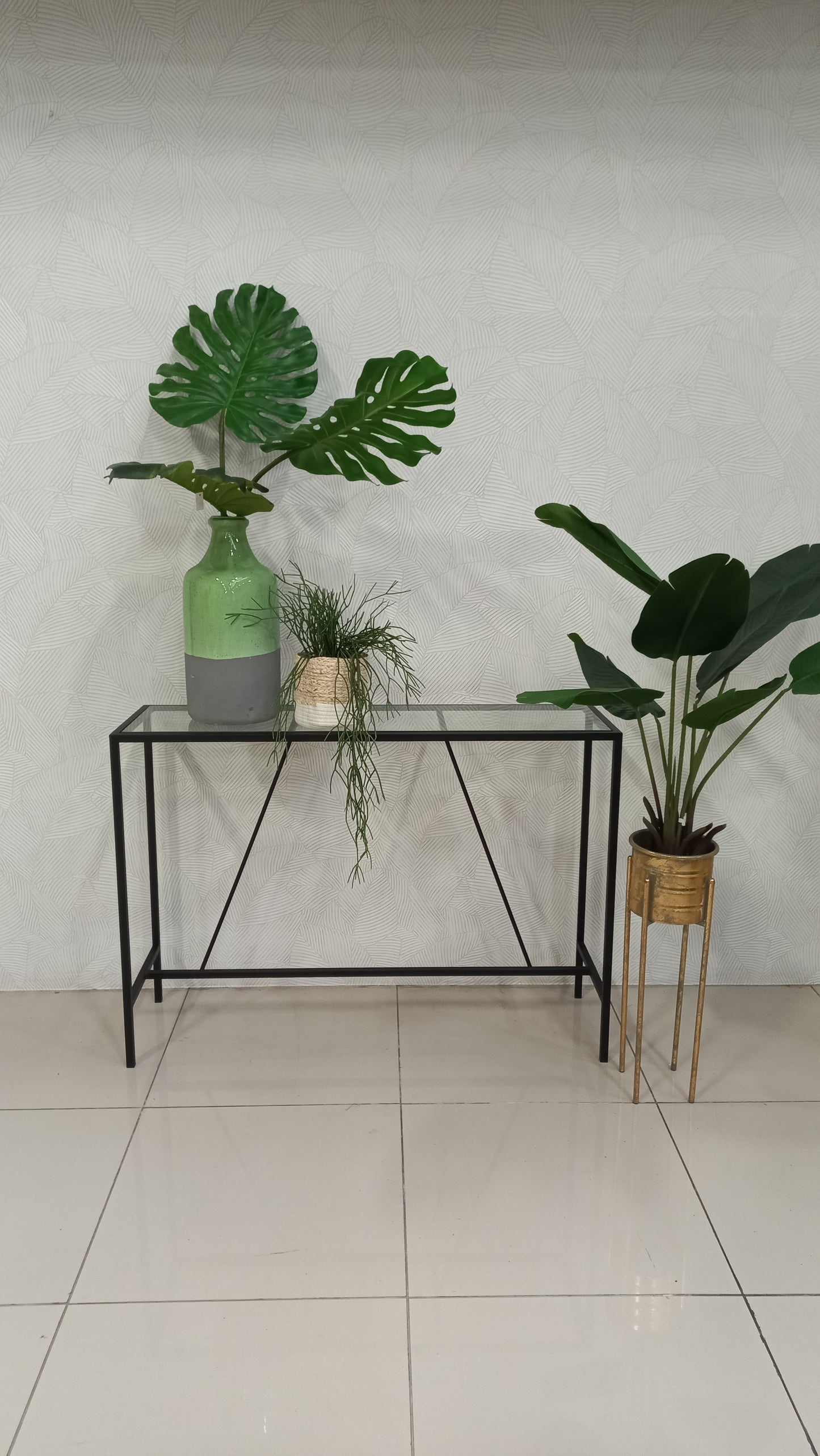Modern glass top server, ideal for entryways or dining spaces.