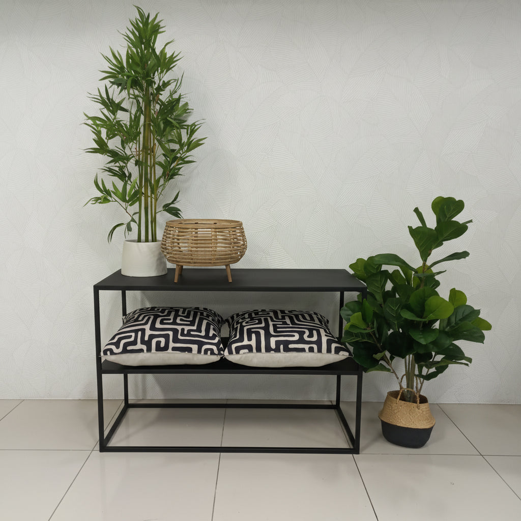 Metal console table in black steel with two shelves.