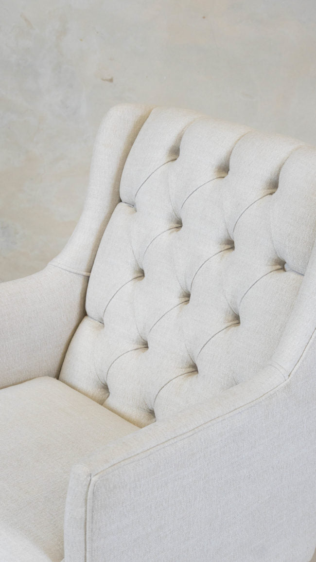 Princess Armchair with deep button detailing and custom fabric.