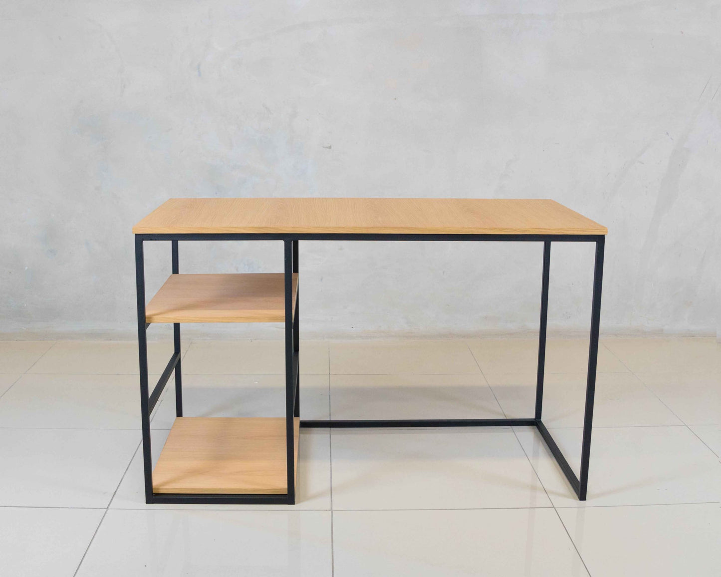 Harvard Desk with bottom shelves, providing extra storage for a home office setup.