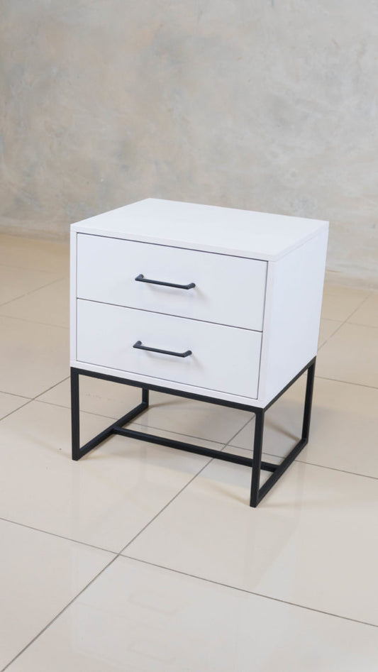 Baker Nightstand with white melamine finish and black epoxy-coated steel frame.