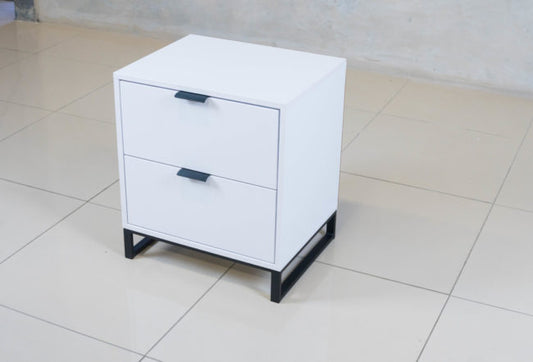 Sleek Pedestal Nightstand in white melamine with two spacious drawers.