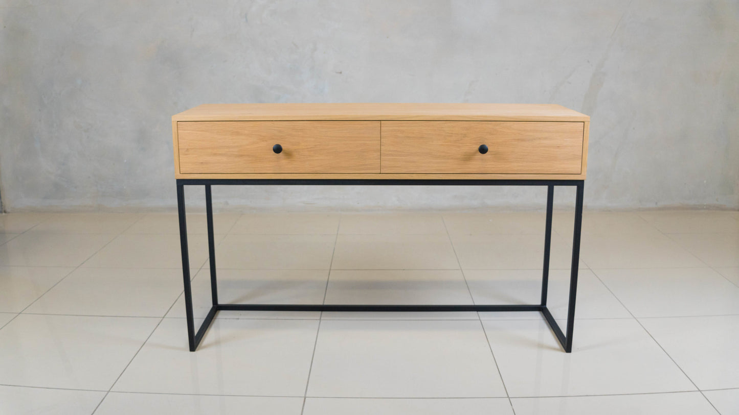Lupin Server with oak veneer finish and black steel legs.
