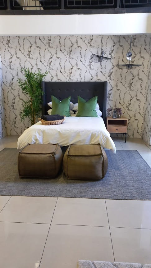 Custom Upholstered with Modern Headboard in Charcoal with button detail 