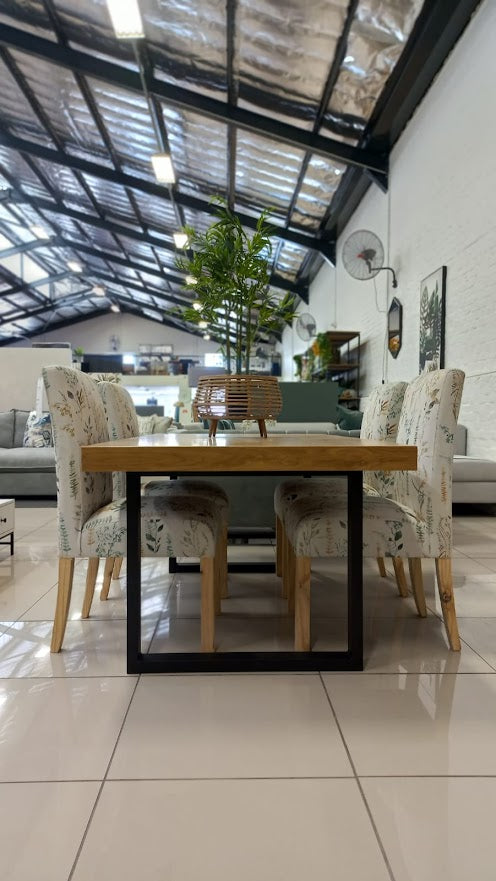 Lyla upholstered dining Chairs, available in any colour of choice with Holtz Oak veneer dining table