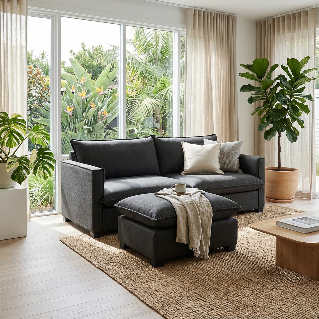 Modern beige and oak sectional sofa with chaise lounge in a living room setting