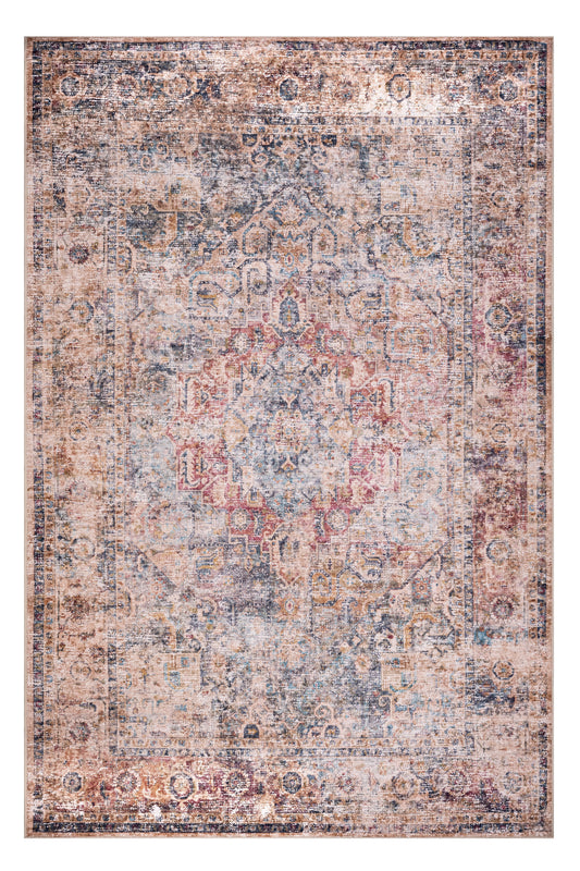 Vintage-style rug with intricate patterns in earthy tones on a white background