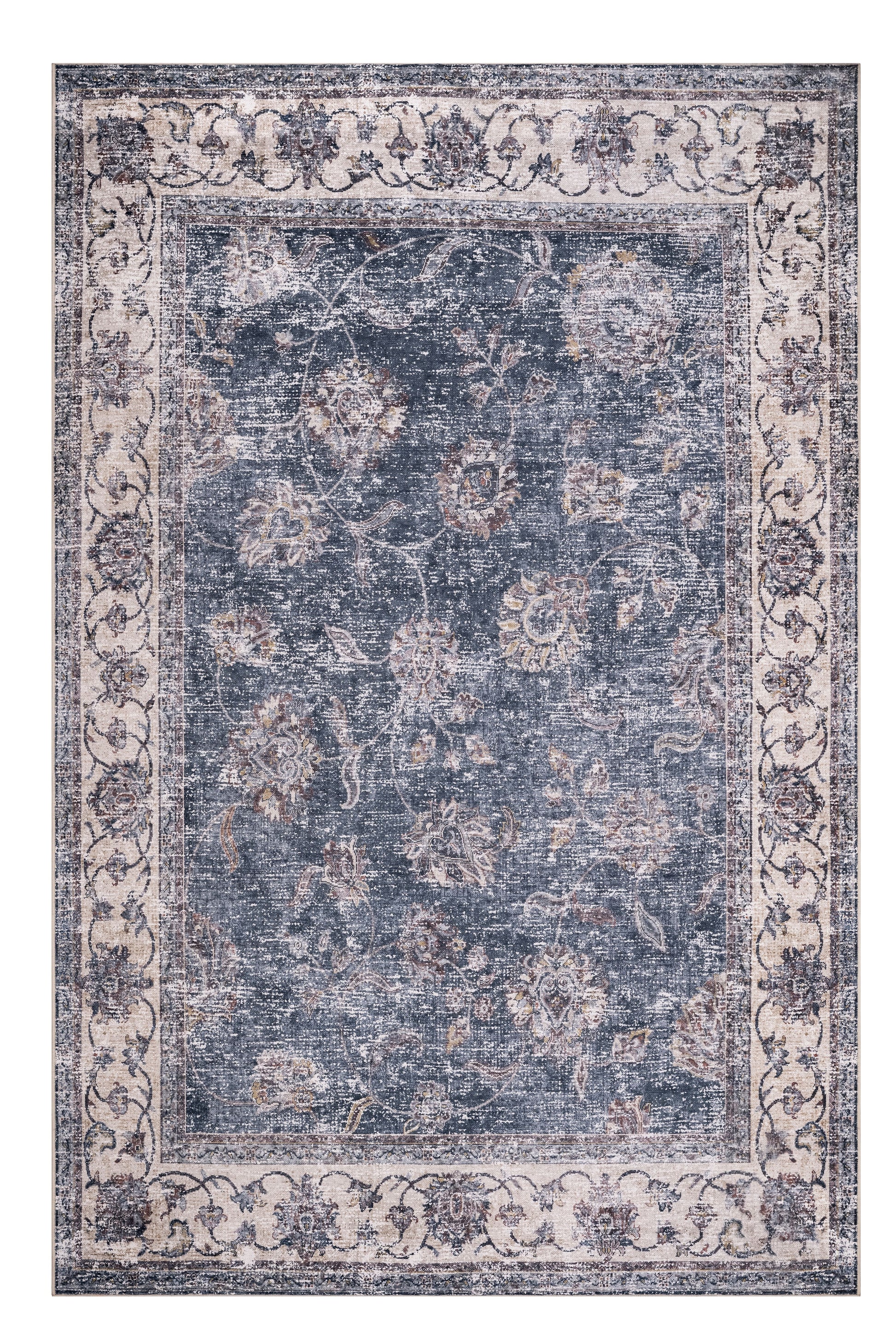 Decorative rug with floral pattern and border on a plain background