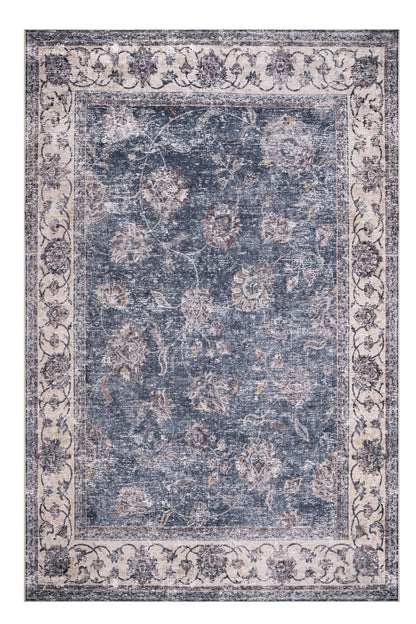 Decorative rug with floral pattern and border on a plain background