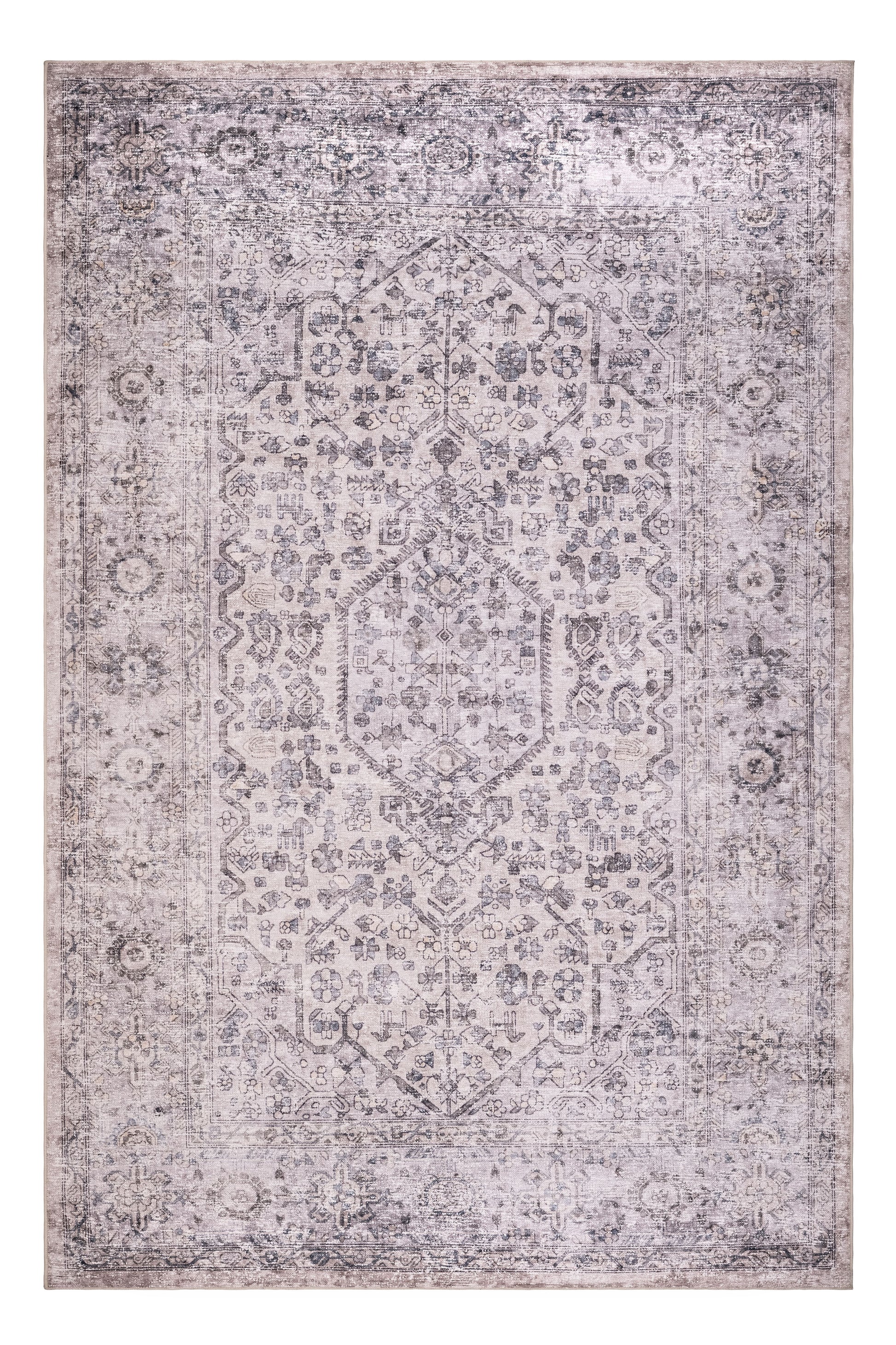 Patterned rug with a geometric design on a plain background