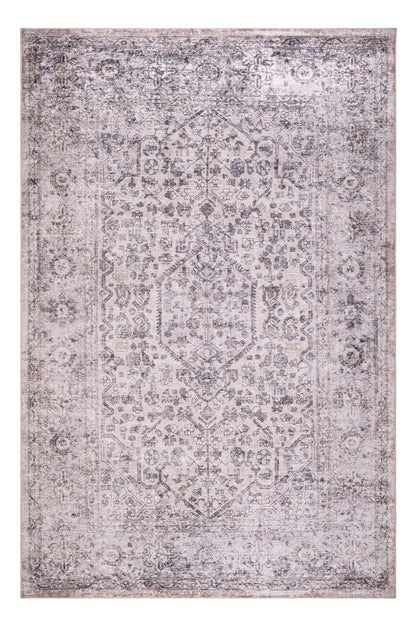 Patterned rug with a geometric design on a plain background
