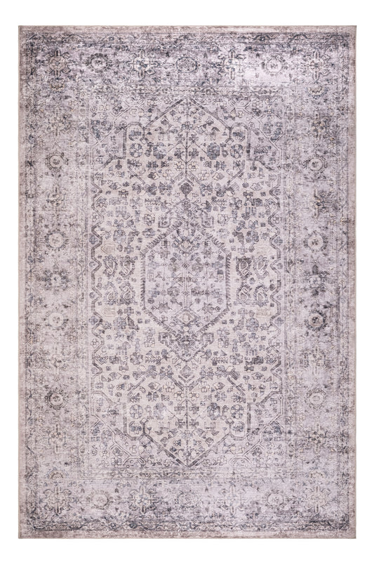Patterned rug with a geometric design on a plain background
