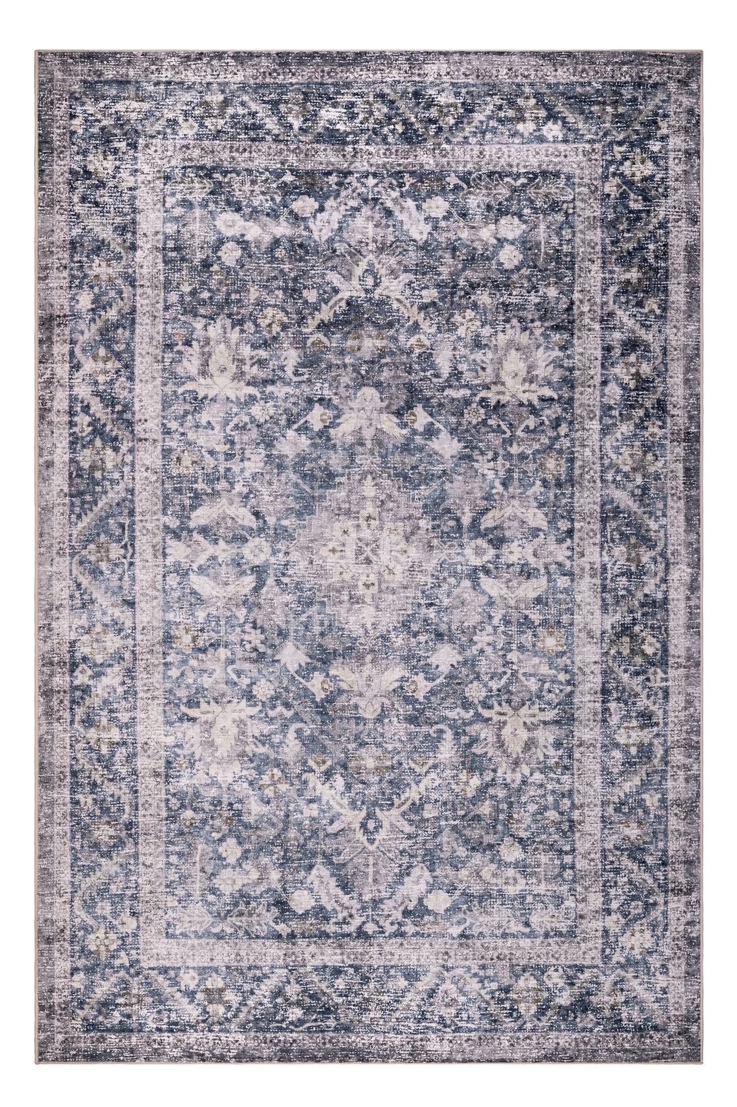Patterned rug with blue and beige colors on a white background