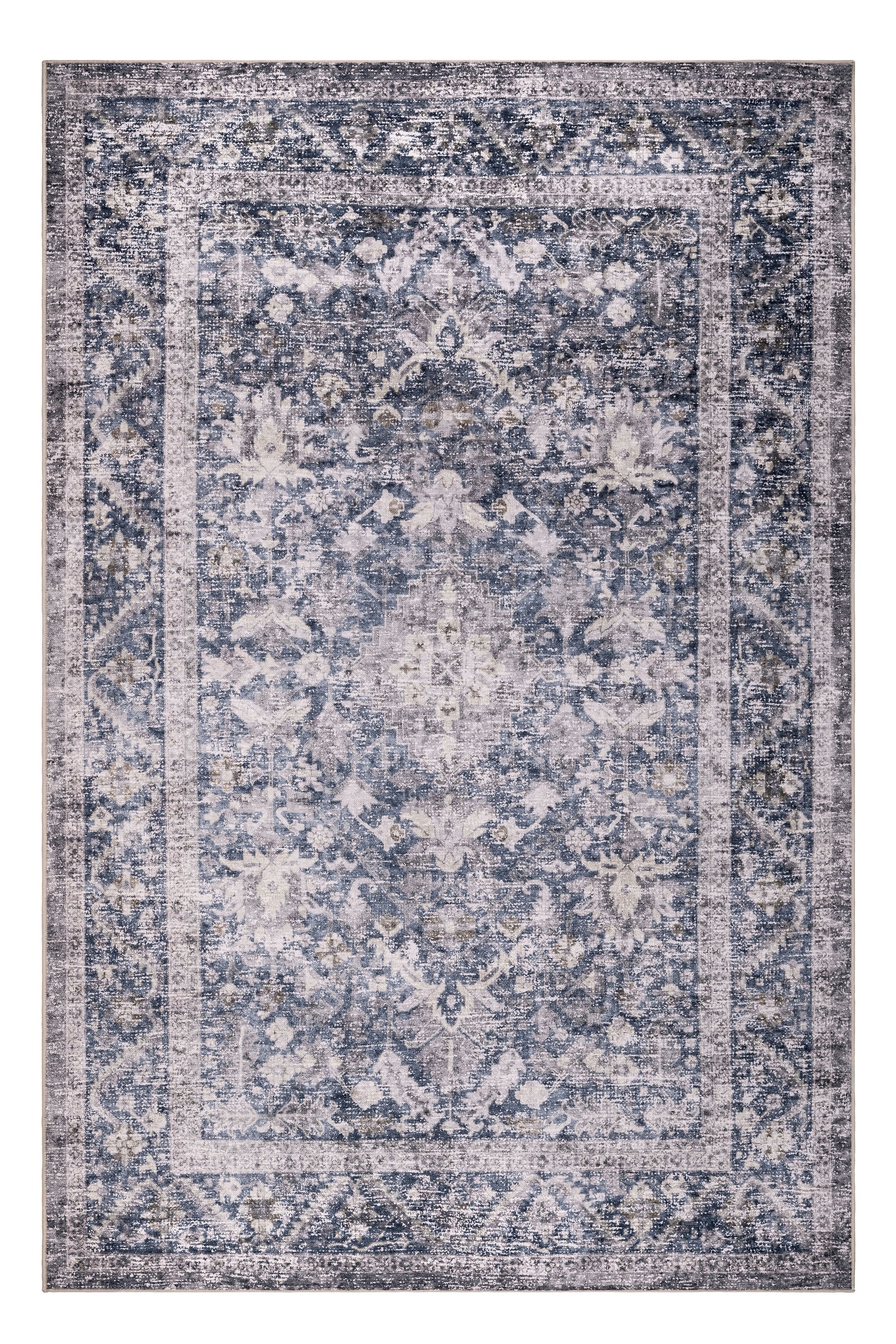 Patterned rug with blue and beige colors on a white background