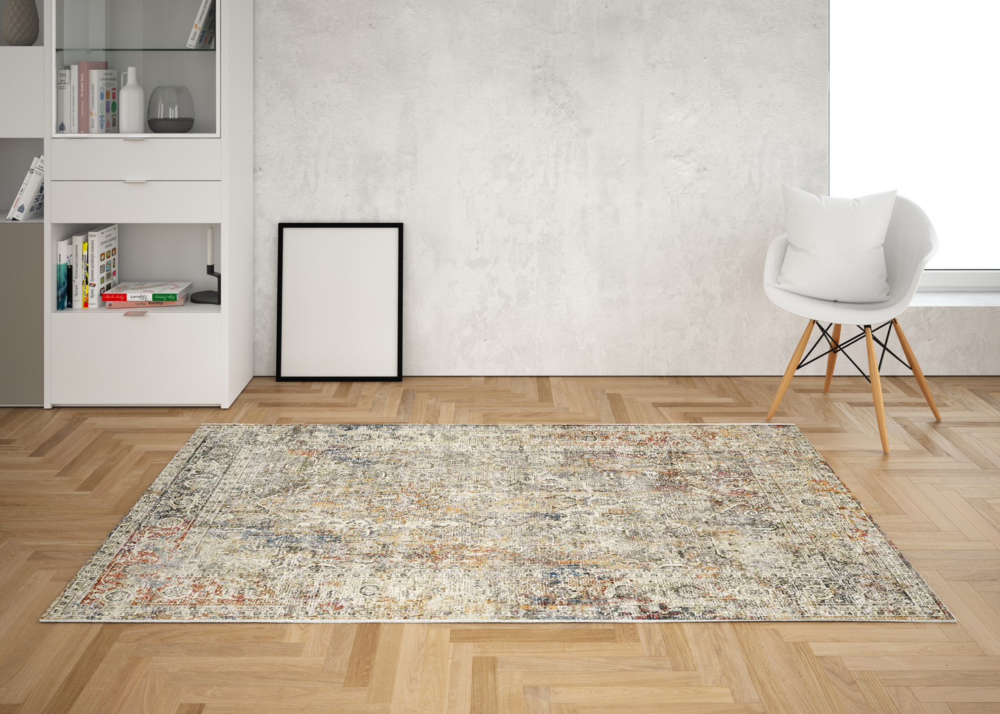 Patterned rug on a wooden floor with a white wall and chair in the background