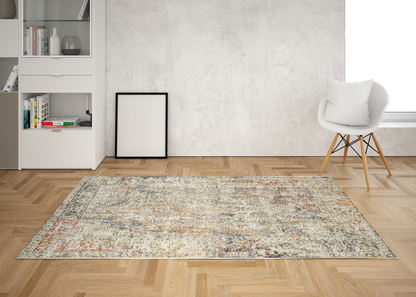 Patterned rug on a wooden floor with a white wall and chair in the background