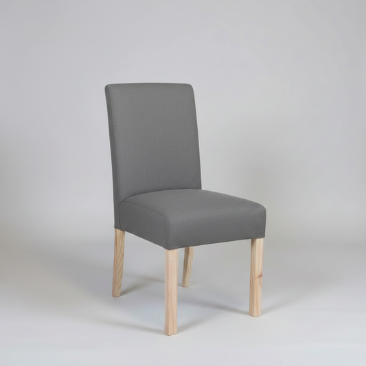 Gray upholstered chair with wooden legs on a light gray background