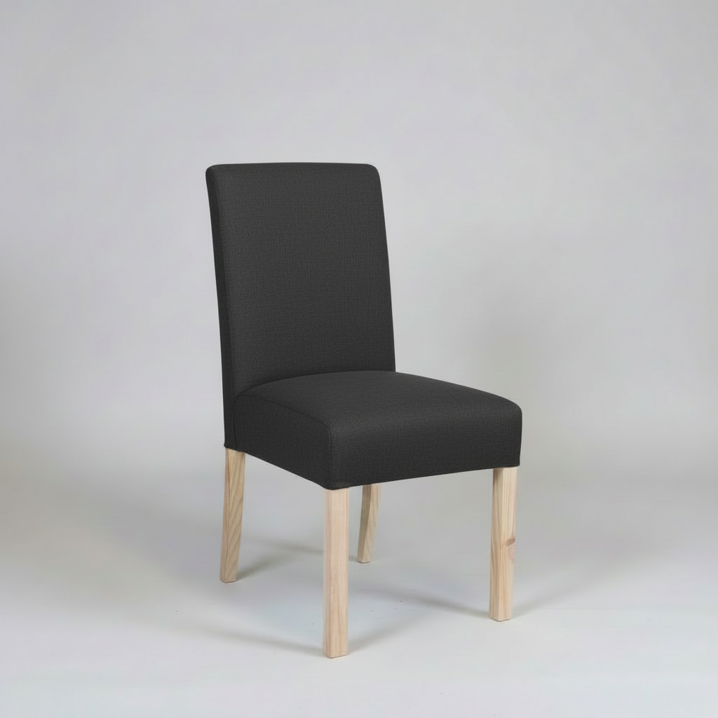 Black upholstered chair with wooden legs on a light gray background