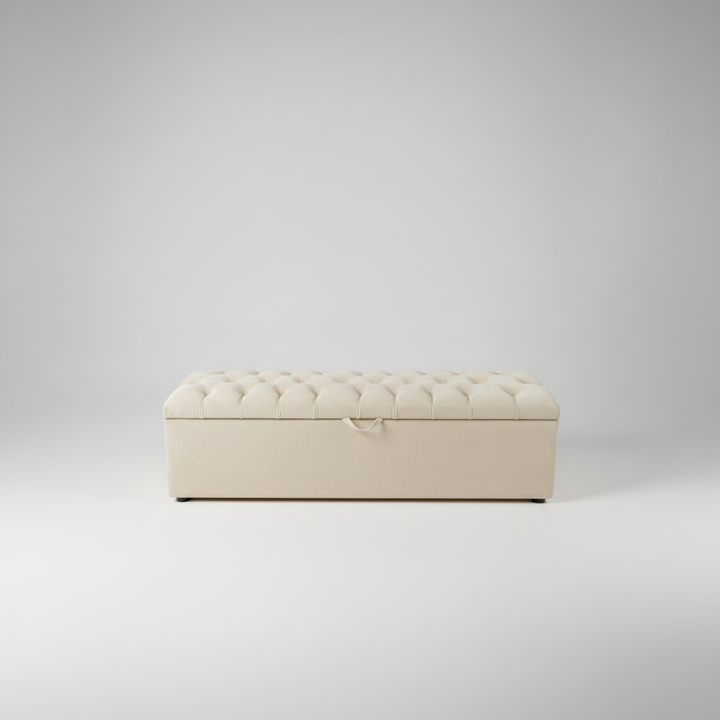 Gray tufted bench on a light gray background