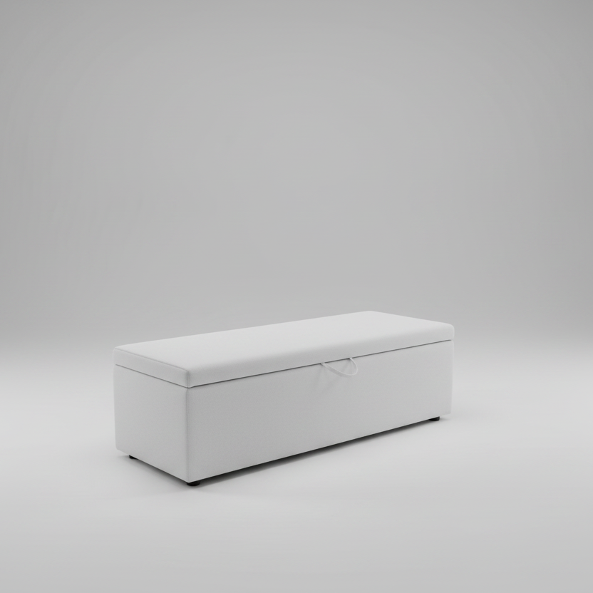 White rectangular storage ottoman on a white background