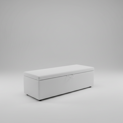 White rectangular storage ottoman on a white background