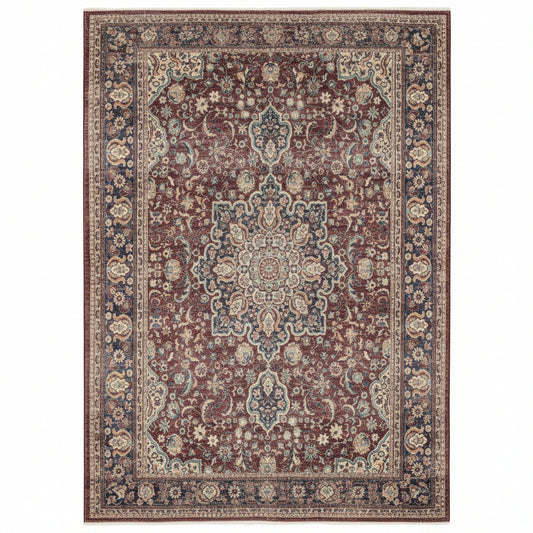 A traditional oriental area rug with an intricate floral pattern, featuring a dark red central field, beige and blue accents, and a dark border with floral motifs.