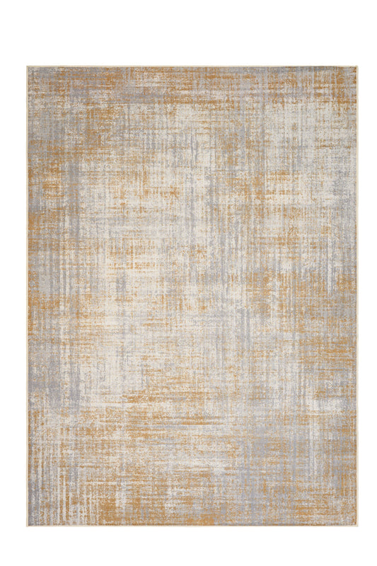 Textured area rug with a neutral color palette on a white background