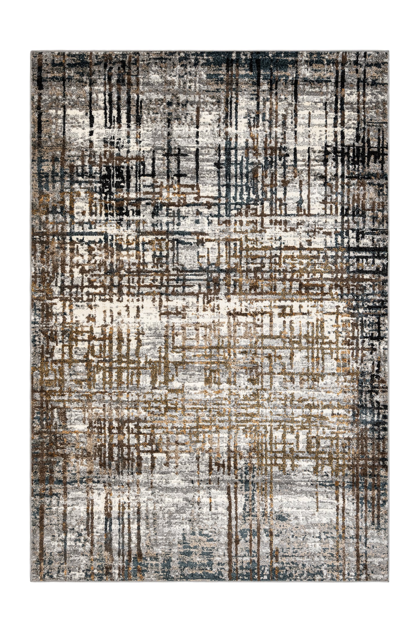 Abstract patterned rug with black, white, and brown colors on a white background