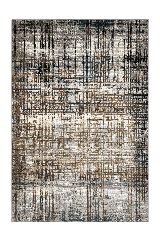 Abstract patterned rug with black, white, and brown colors on a white background