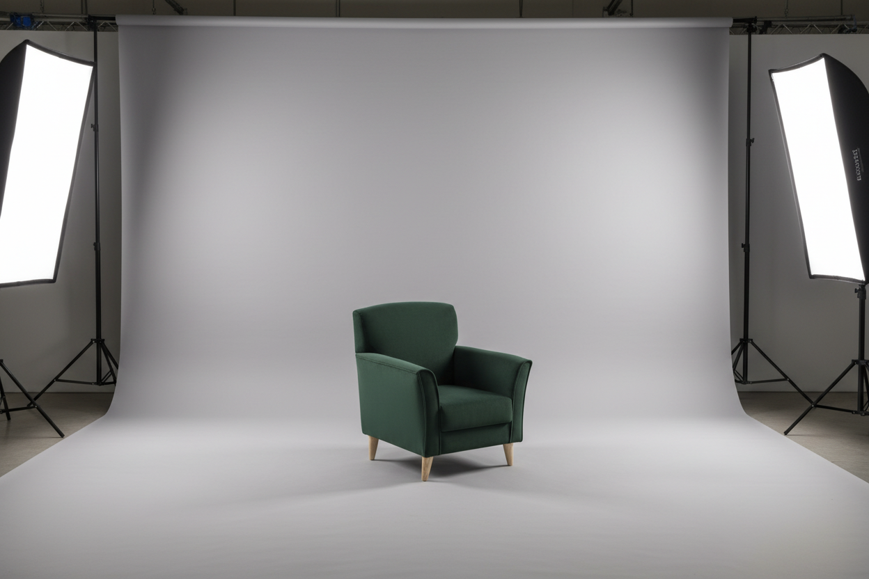 Green armchair on a white background with studio lighting equipment.