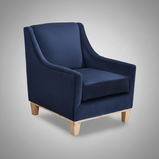 Blue armchair with wooden legs on a gray background