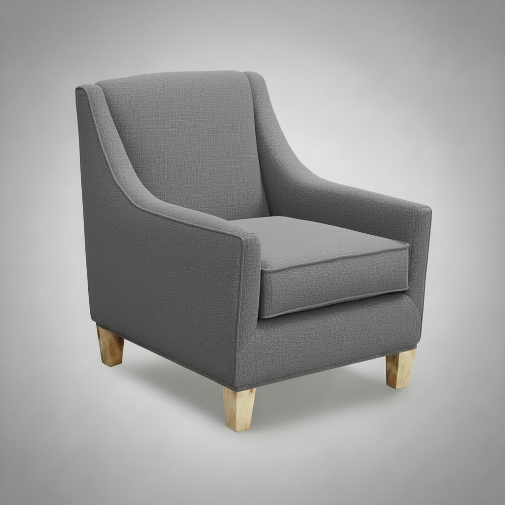 Gray armchair with wooden legs on a gray background