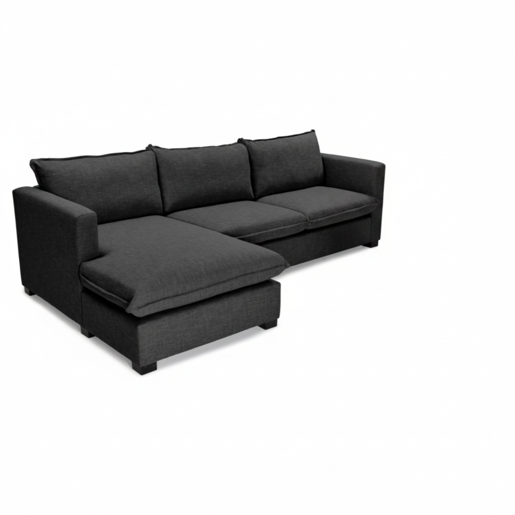 Black sectional sofa on a white background