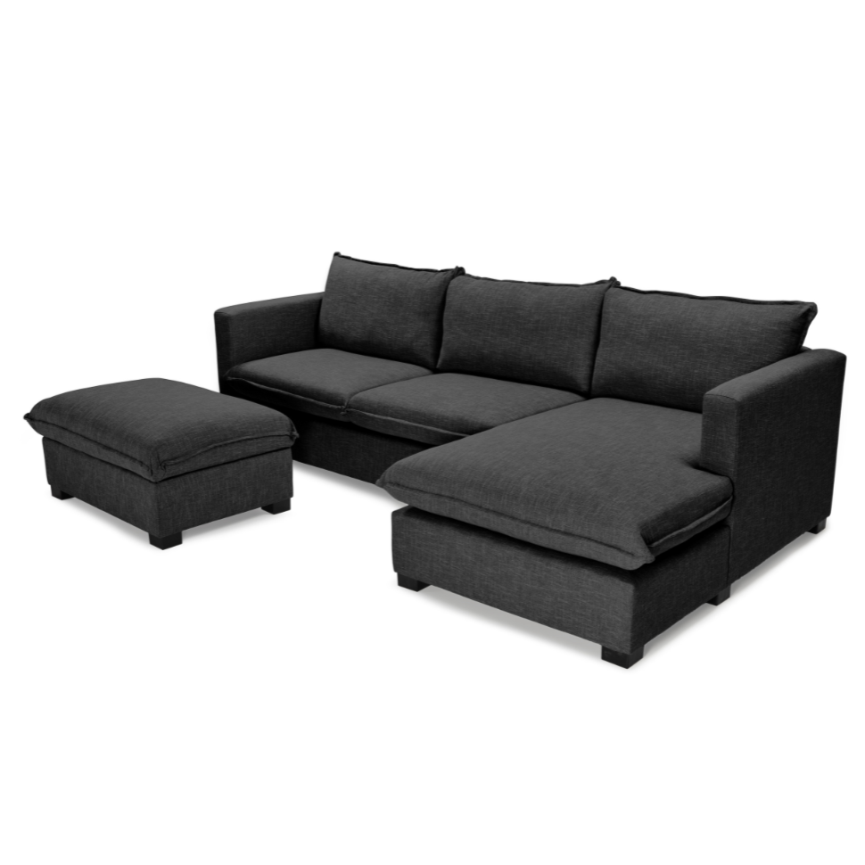 California daybed corner unit is custom charcoal colour side view showing loose ottoman