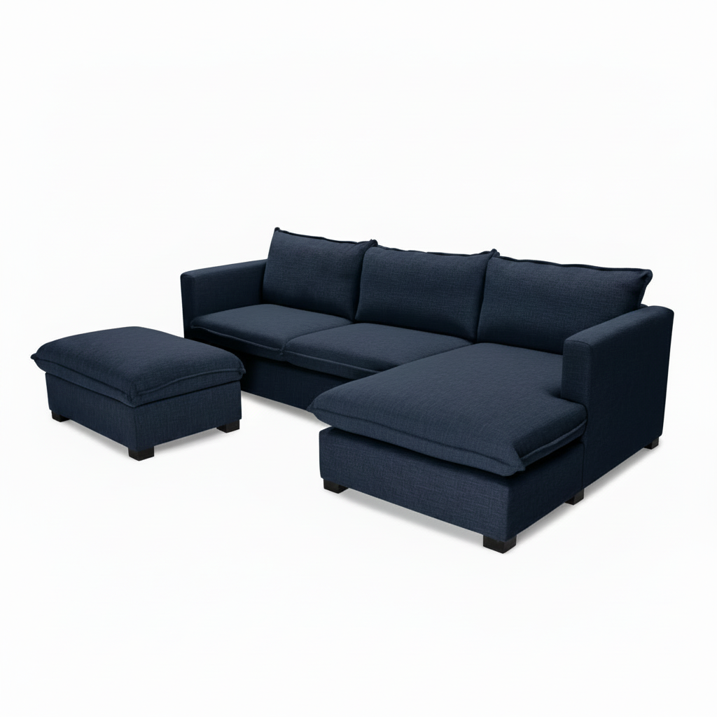 Navy blue sectional sofa with matching ottoman on a white background