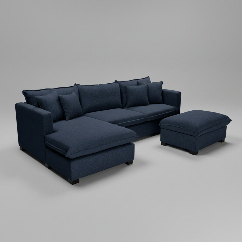 Navy blue sectional sofa with matching ottoman on a white background