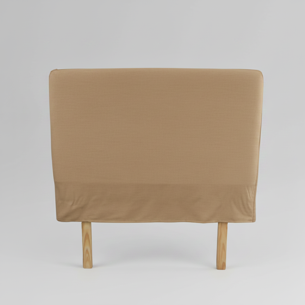Brown headboard on a wooden bed frame against a white background