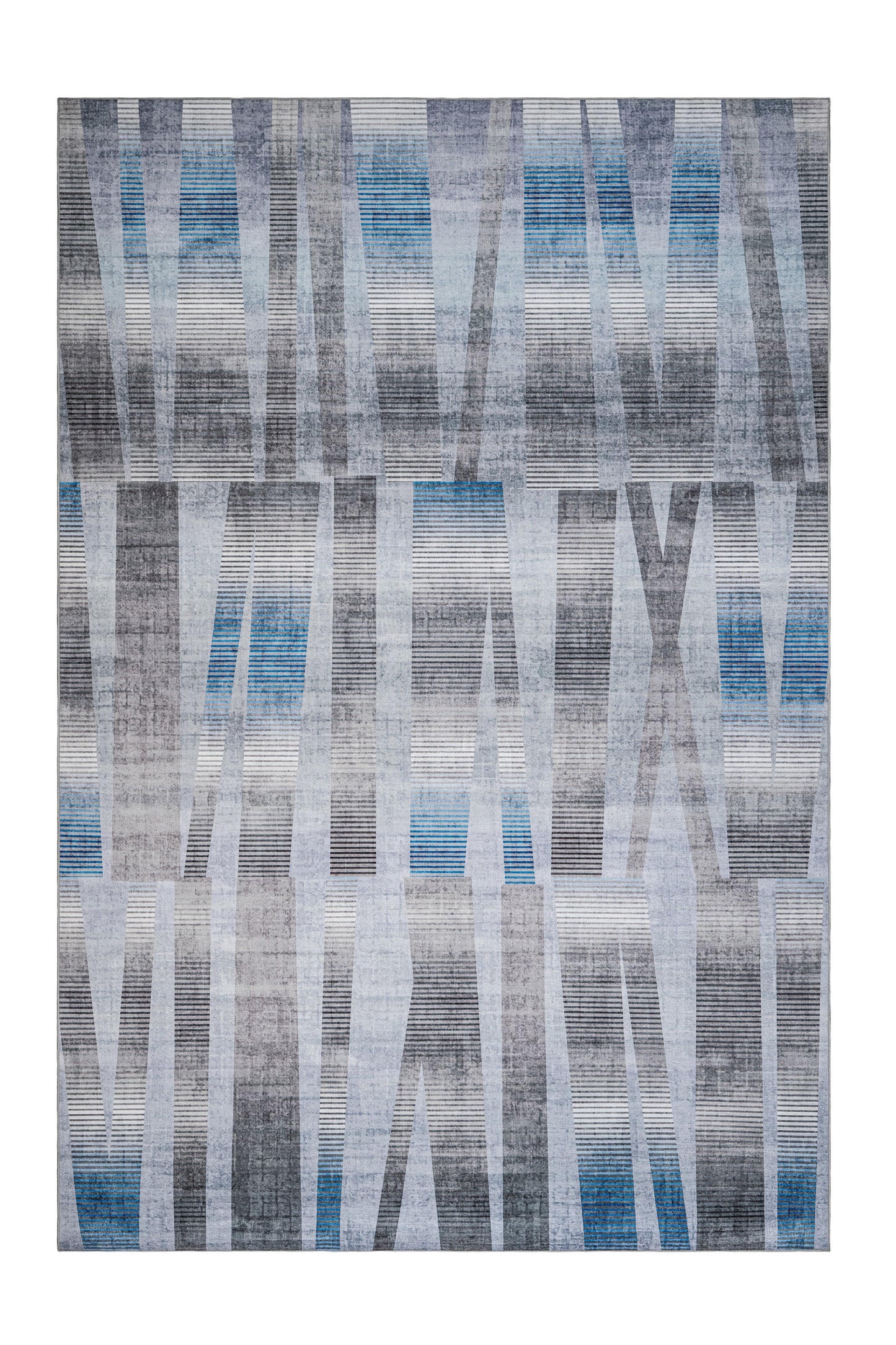 Rectangular rug with geometric pattern in gray, blue, and white on a plain background