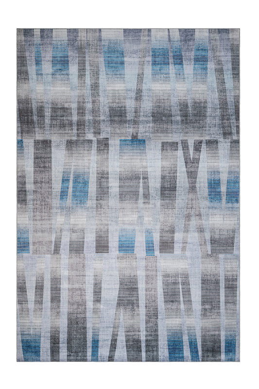 Rectangular rug with geometric pattern in gray, blue, and white on a plain background