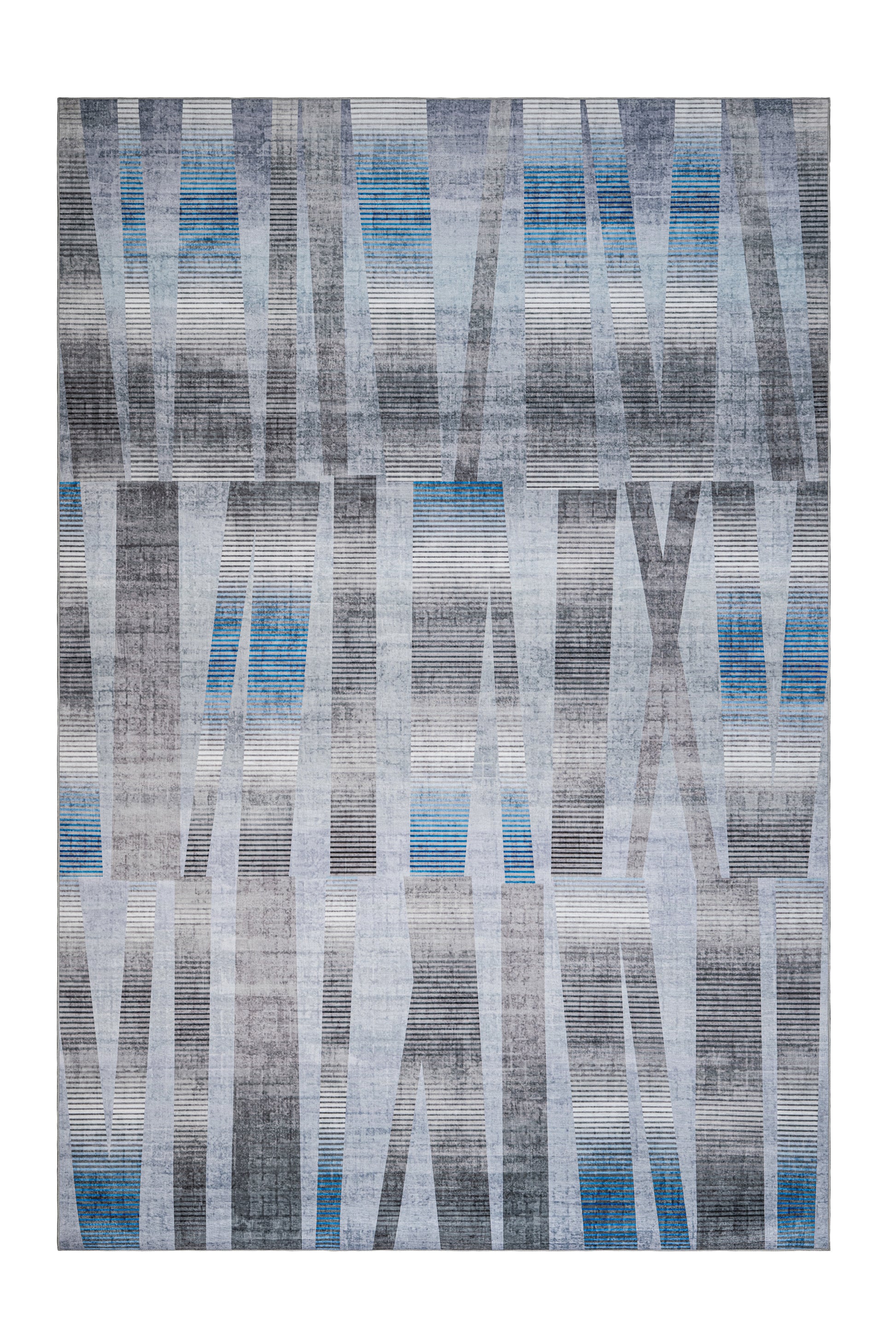 Rectangular rug with geometric pattern in gray, blue, and white on a plain background